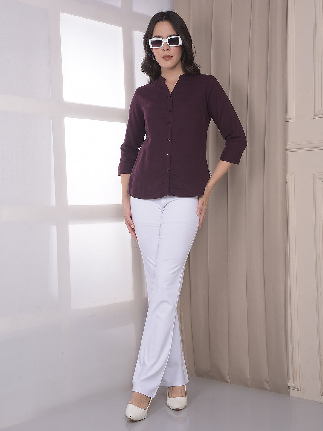 Wine V-Neck 100% Cotton Shirt