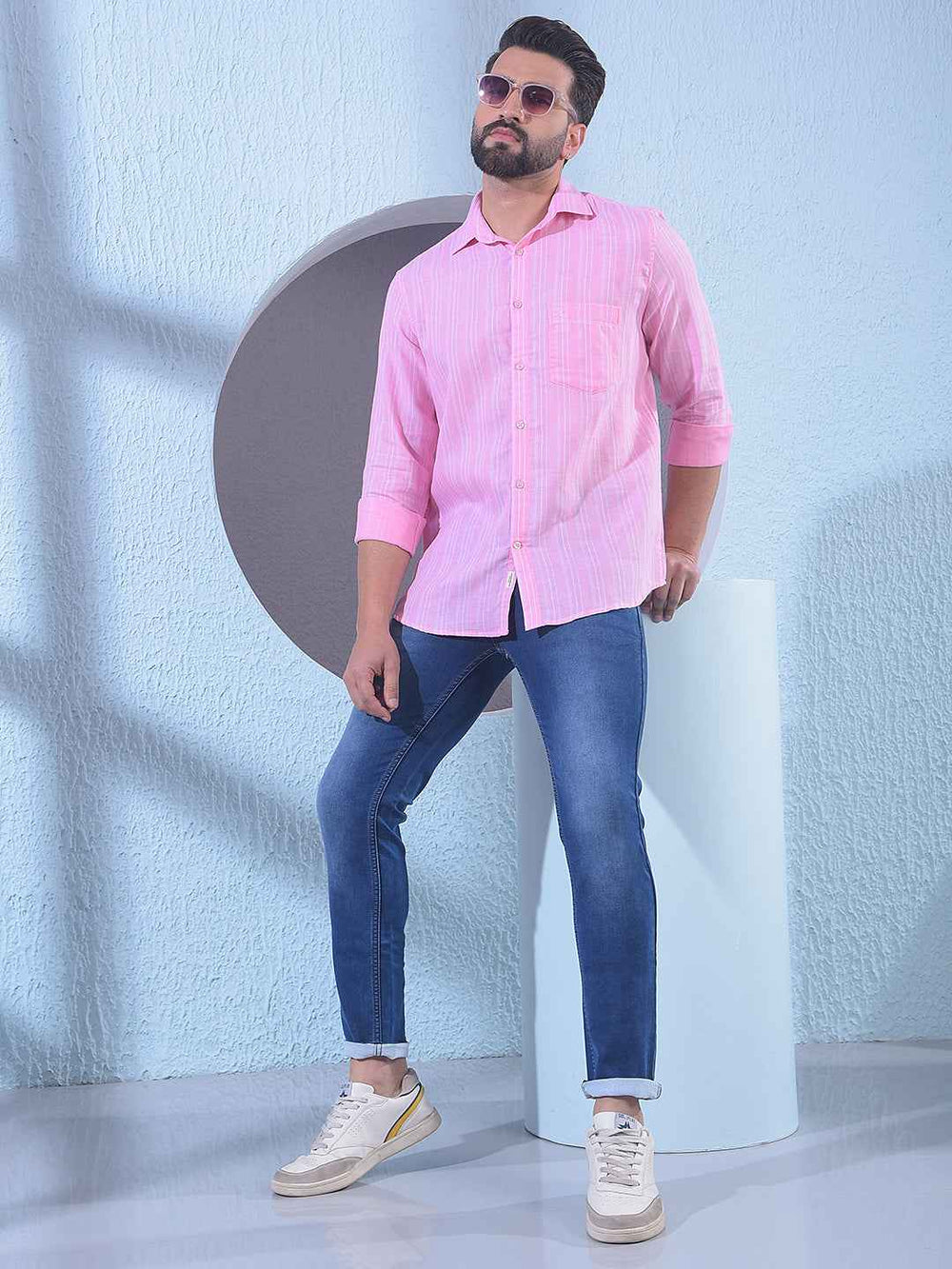 Pink 100% Cotton Vertical Stripes Shirt