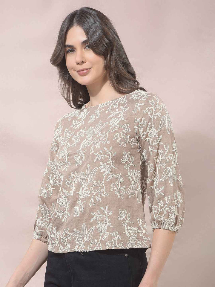 Beige Floral Embroidered Top
