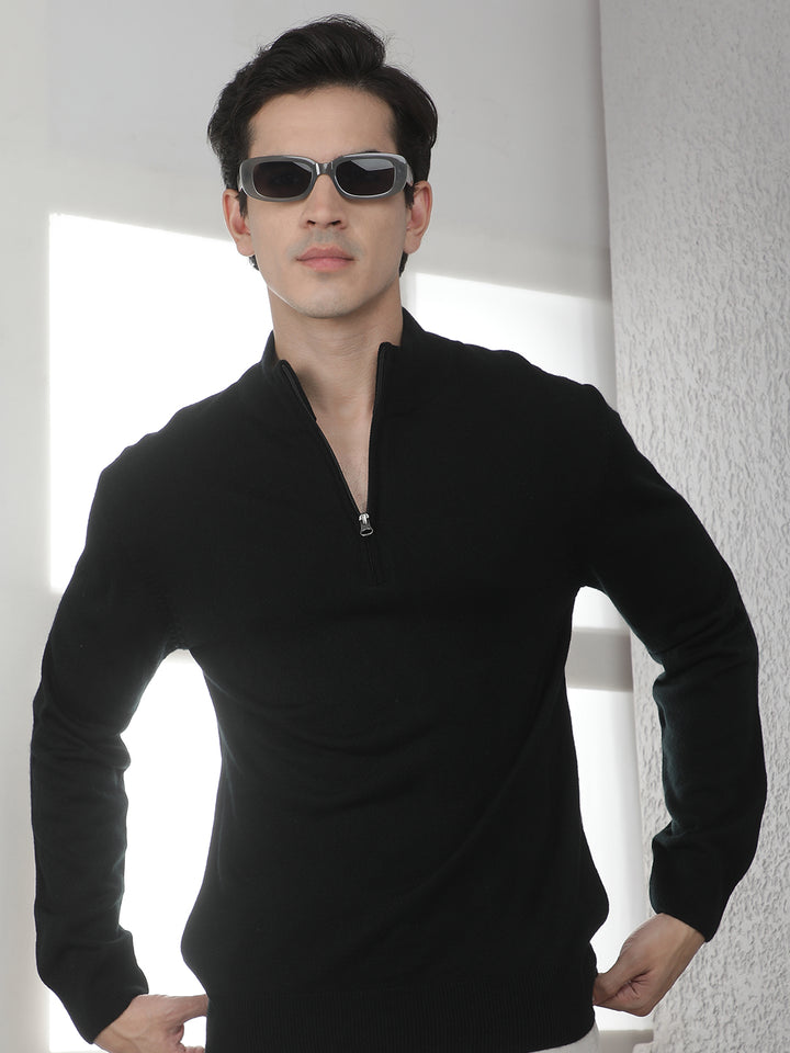 Black Knitted Mock Neck Sweater