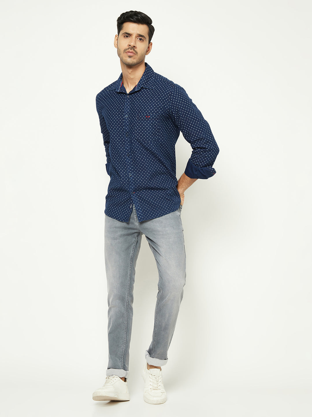 Navy Blue Floral Print 100% Cotton Shirt