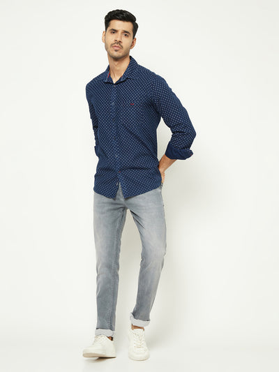 Navy Blue Floral Print 100% Cotton Shirt