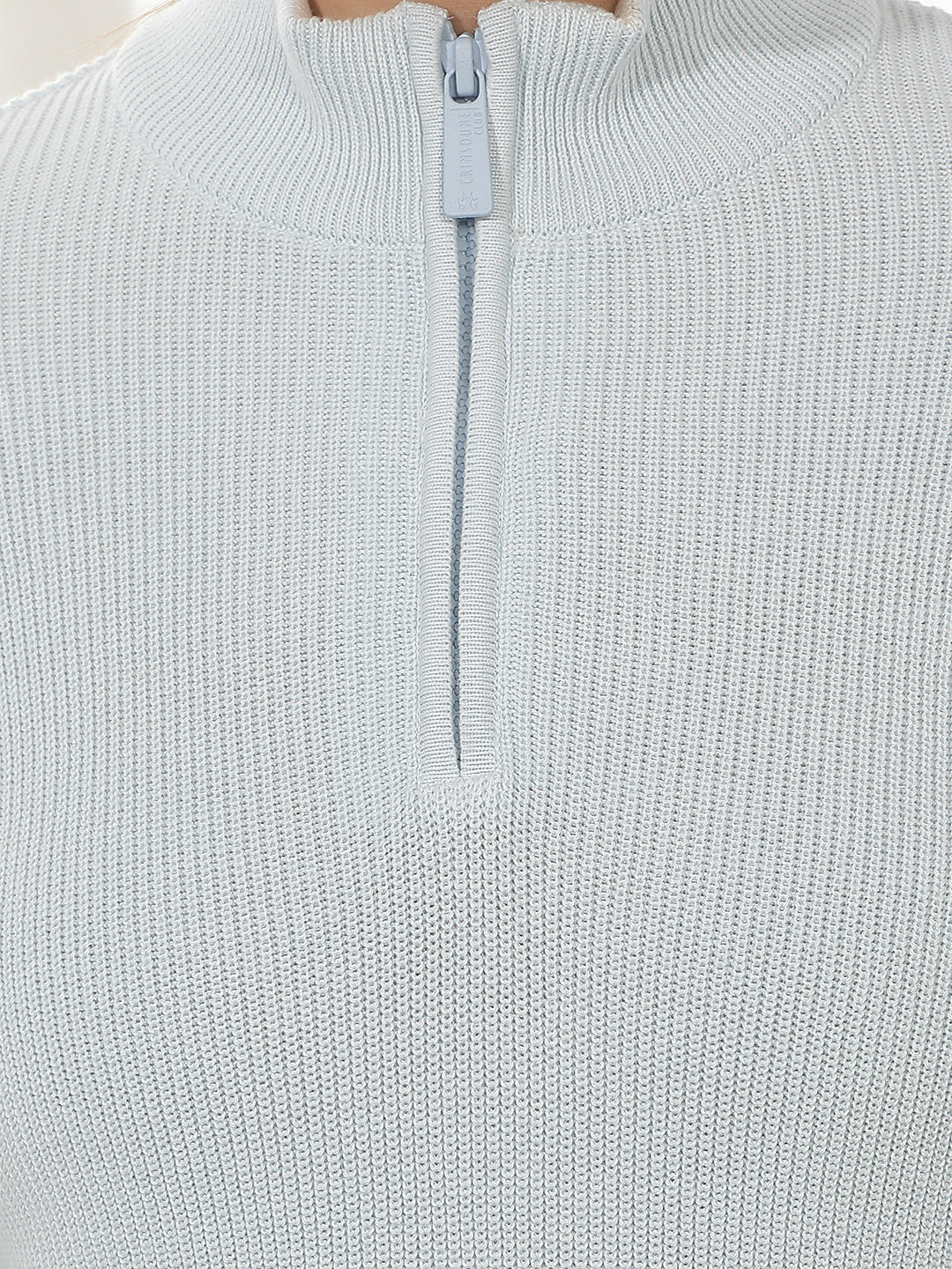 Blue Jacquard High Neck 100% Cotton Sweater