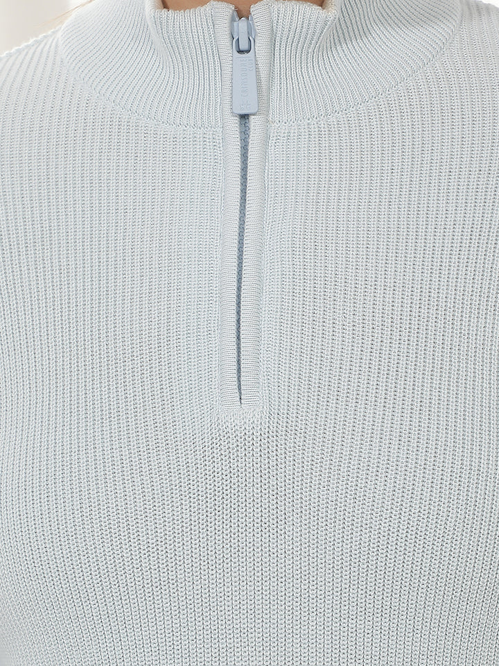 Blue Jacquard High Neck 100% Cotton Sweater
