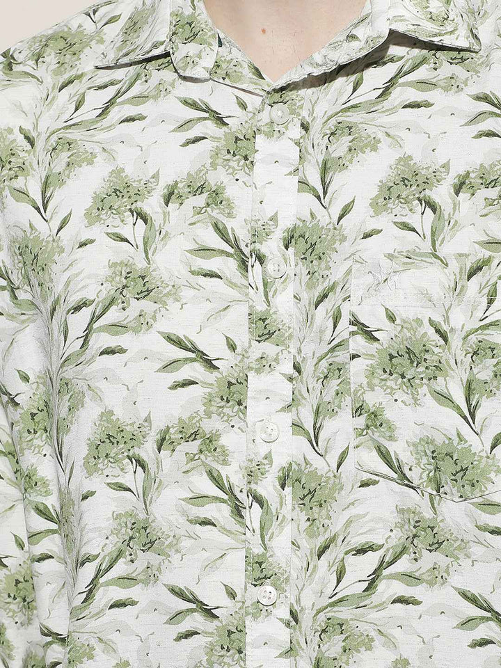 Green Floral Print Linen Shirt