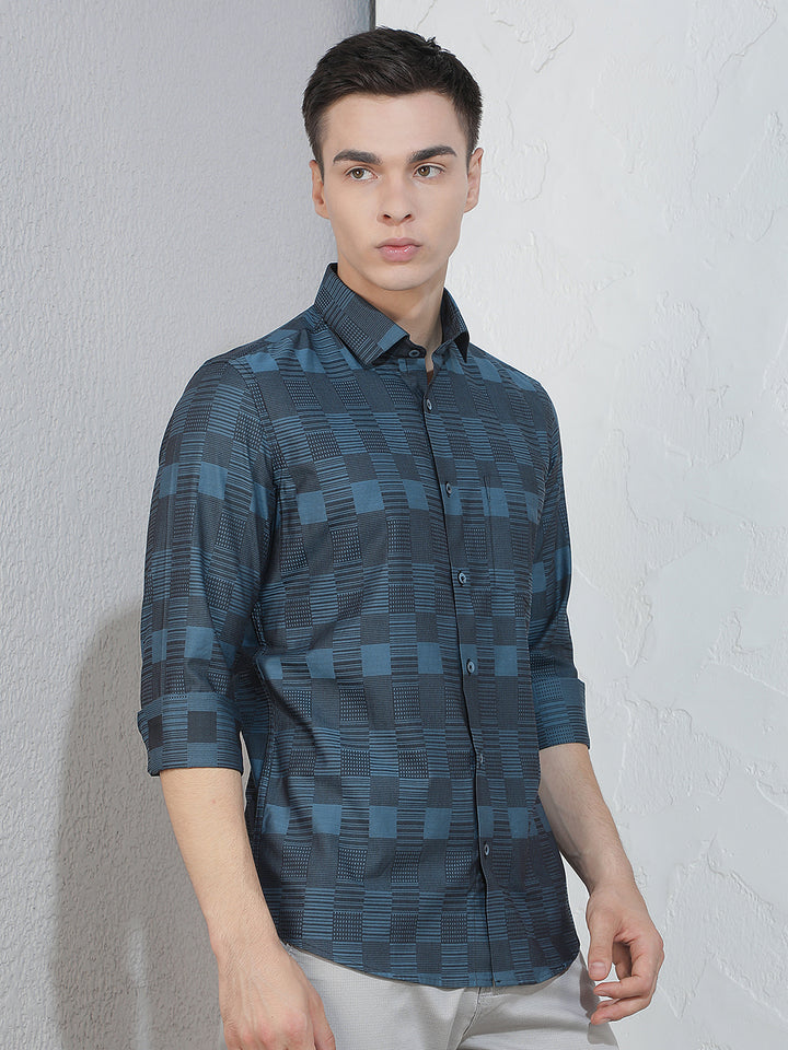 Teal Blue Geometric Print 100% Cotton Shirt