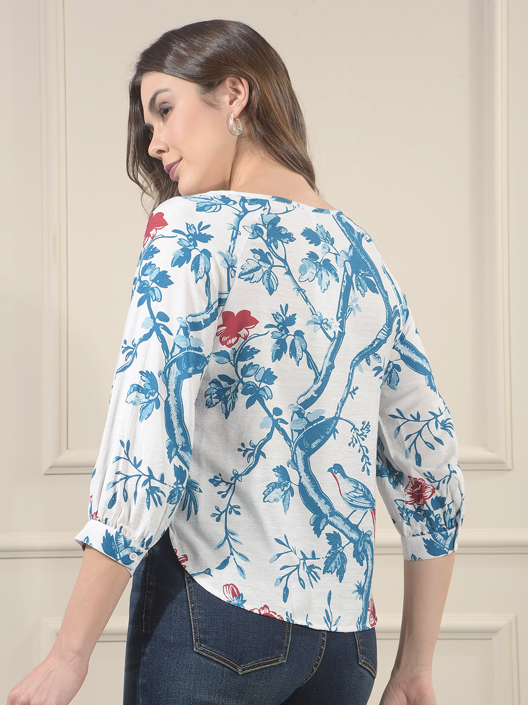 Blue Floral Print Longline Shirt