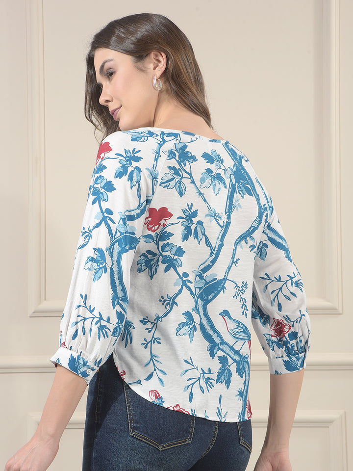 Blue Floral Print Longline Shirt