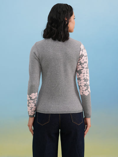 Grey Pink Floral Knit Sweater