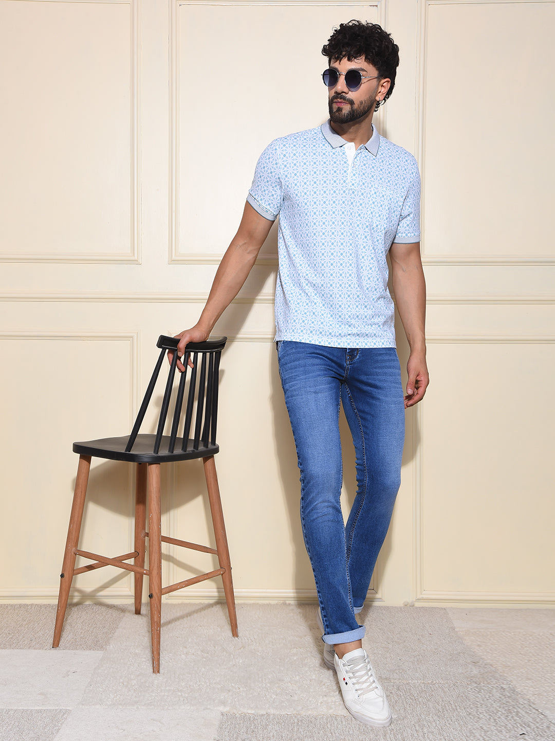 Blue Printed Polo-Neck T-Shirt