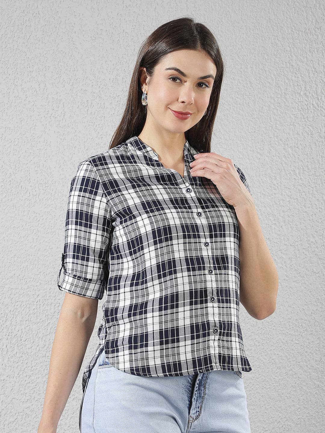 Navy Blue Checked V-Neck Shirt