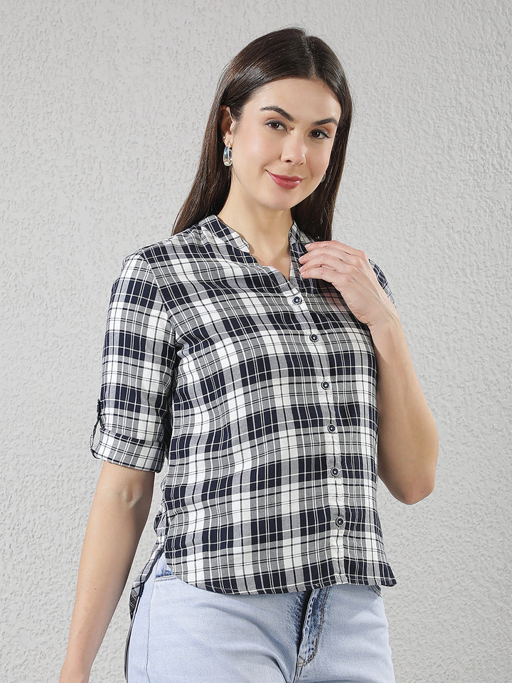 Navy Blue Checked V-Neck Shirt
