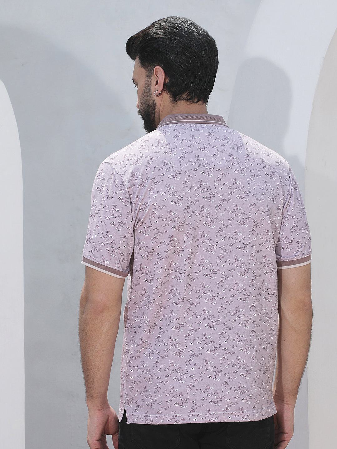 Purple Floral Print Polo Neck T-Shirt
