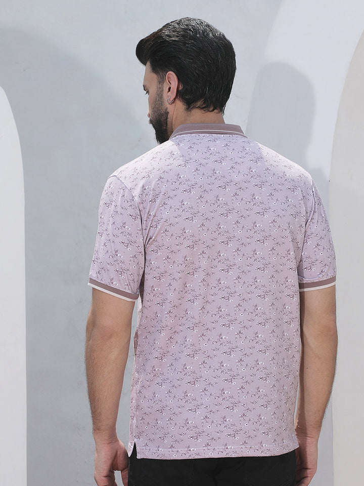 Purple Floral Print Polo Neck T-Shirt