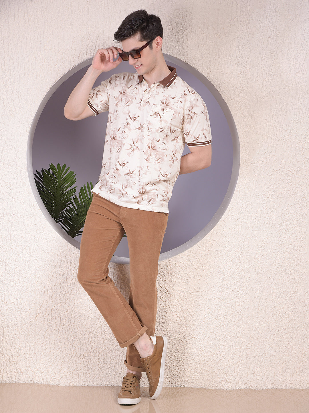 Brown Floral Print Polo-Neck T-Shirt