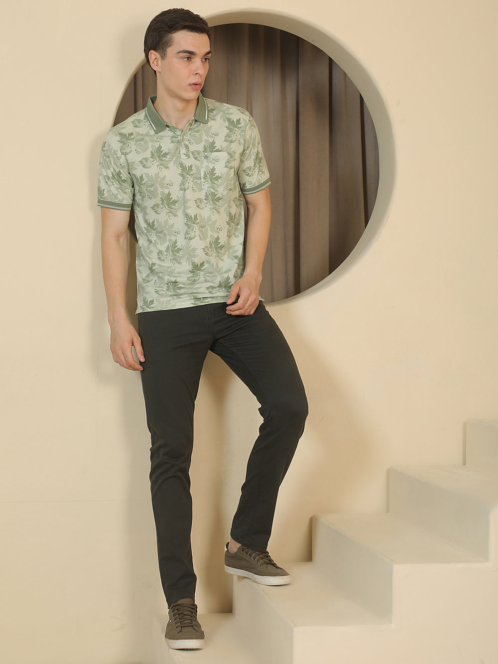 Green Floral Print Polo Neck T-Shirt