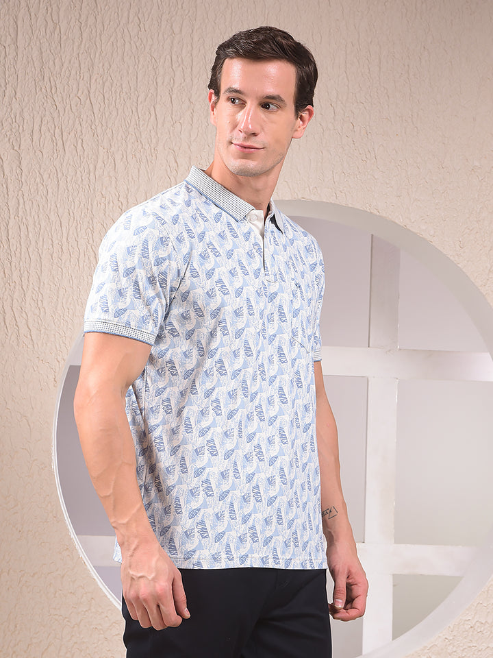 Blue Printed Polo Neck T-Shirt