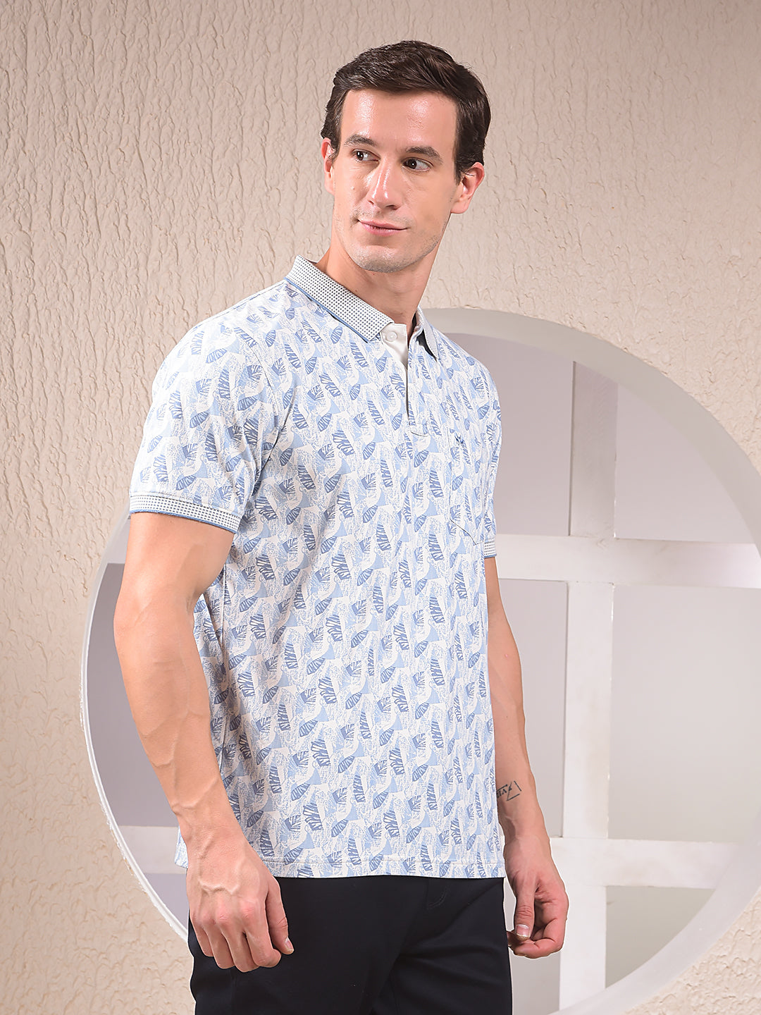 Blue Printed Polo Neck T-Shirt