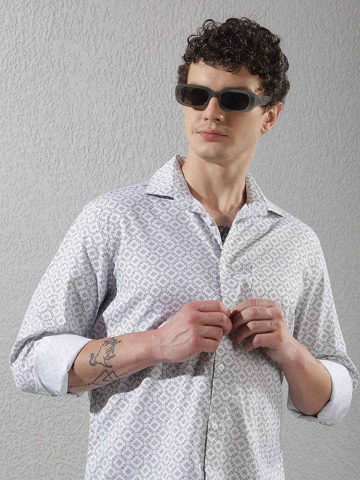 White Geometric Print Shirt