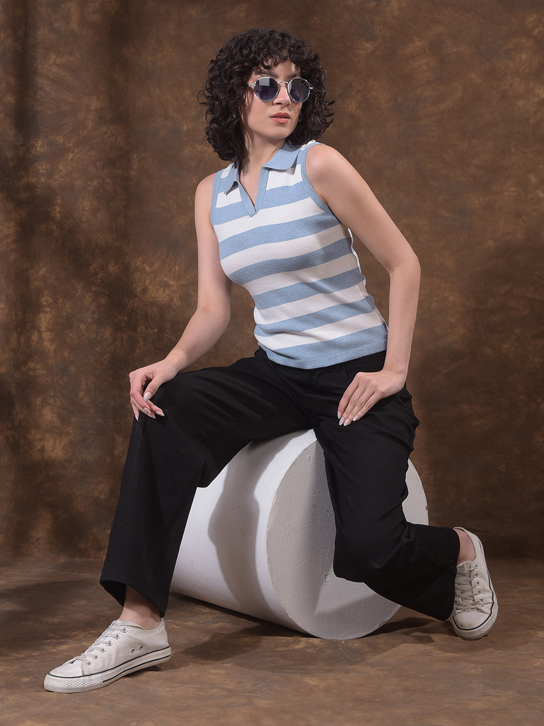 Blue Horizontal Stripes Polo Neck Sleeveless T-Shirt