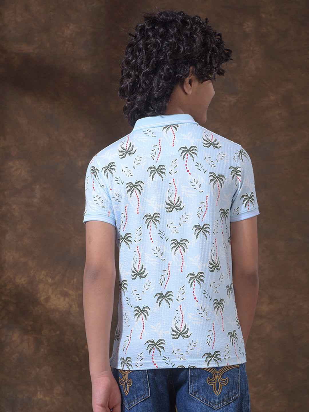 Blue Floral Print Polo Neck T-Shirt