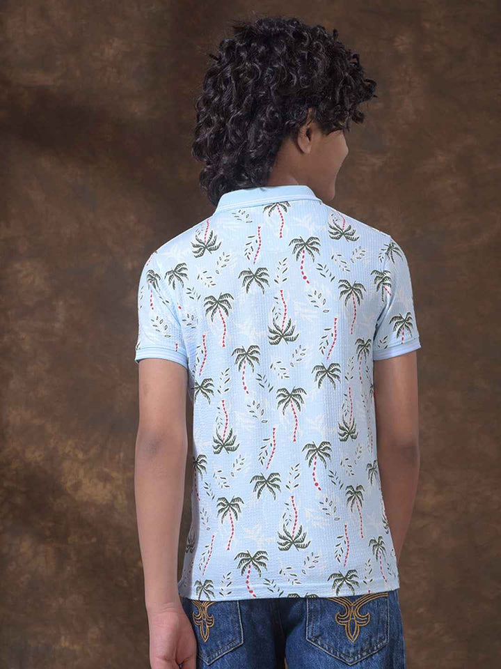 Blue Floral Print Polo Neck T-Shirt