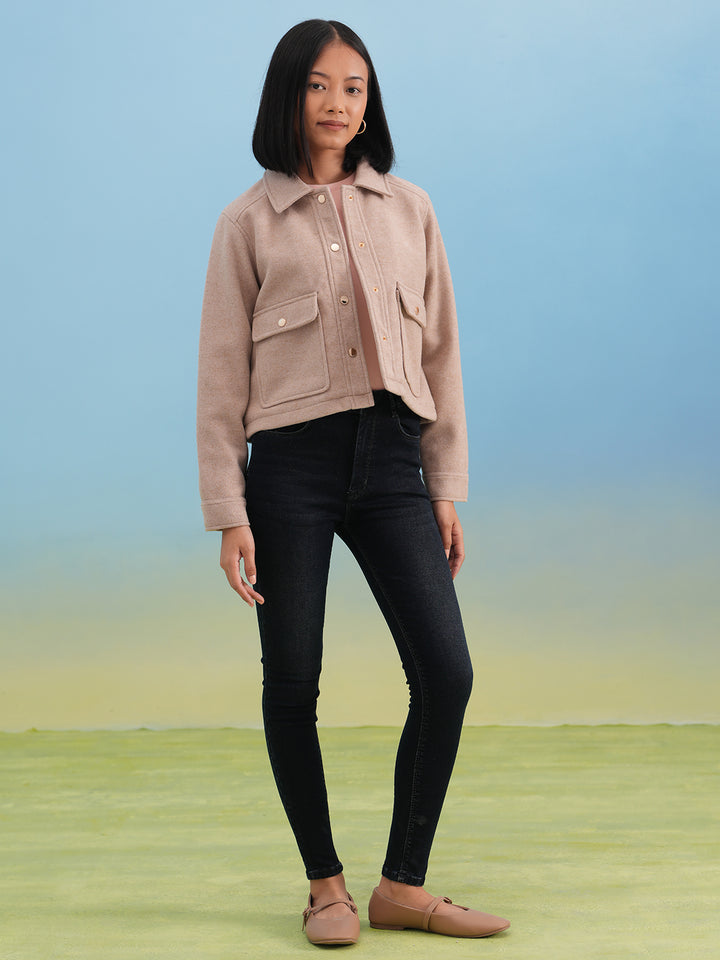 Beige Double-Pocket Cropped Shacket