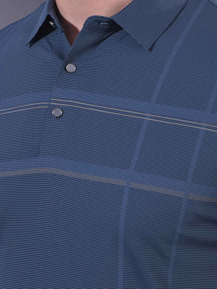 Navy Blue Checked Polo Neck T-Shirt