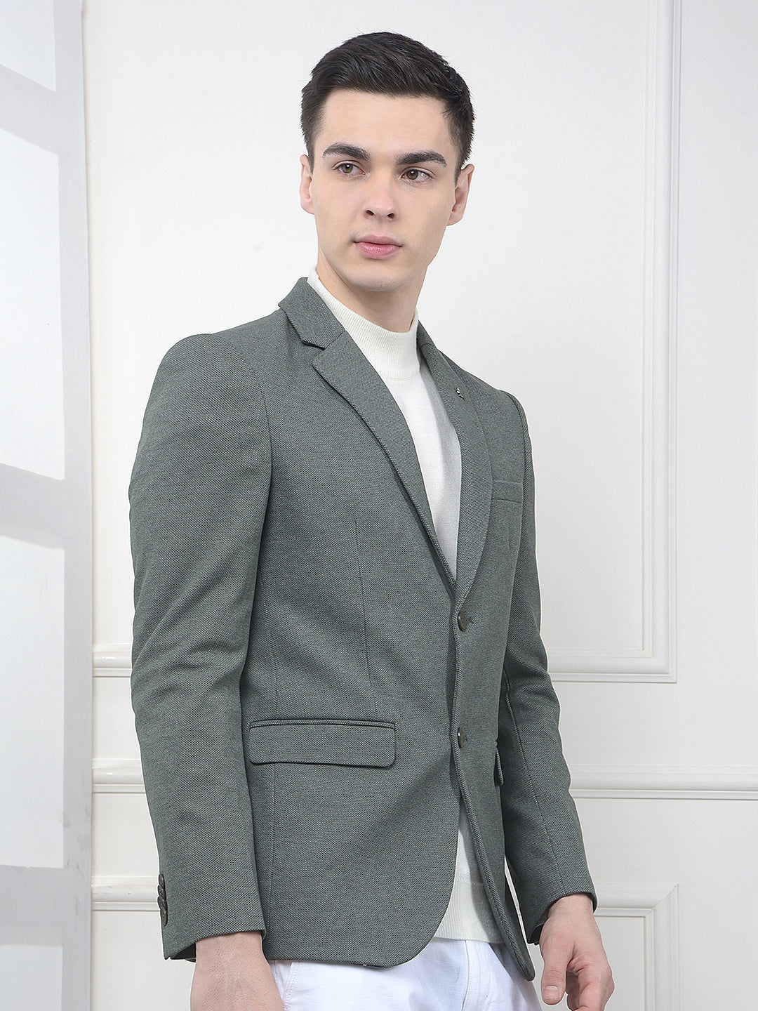 Green Notched Lapel Single Breasted Blazer