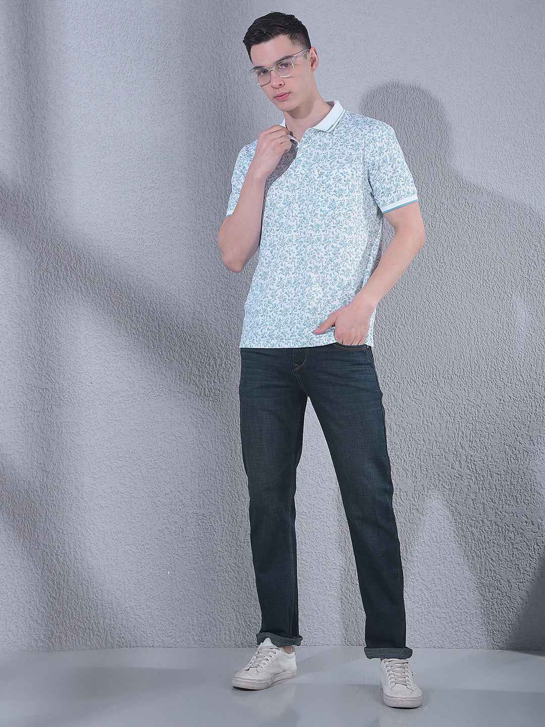 Green Floral Print Polo Neck T-Shirt