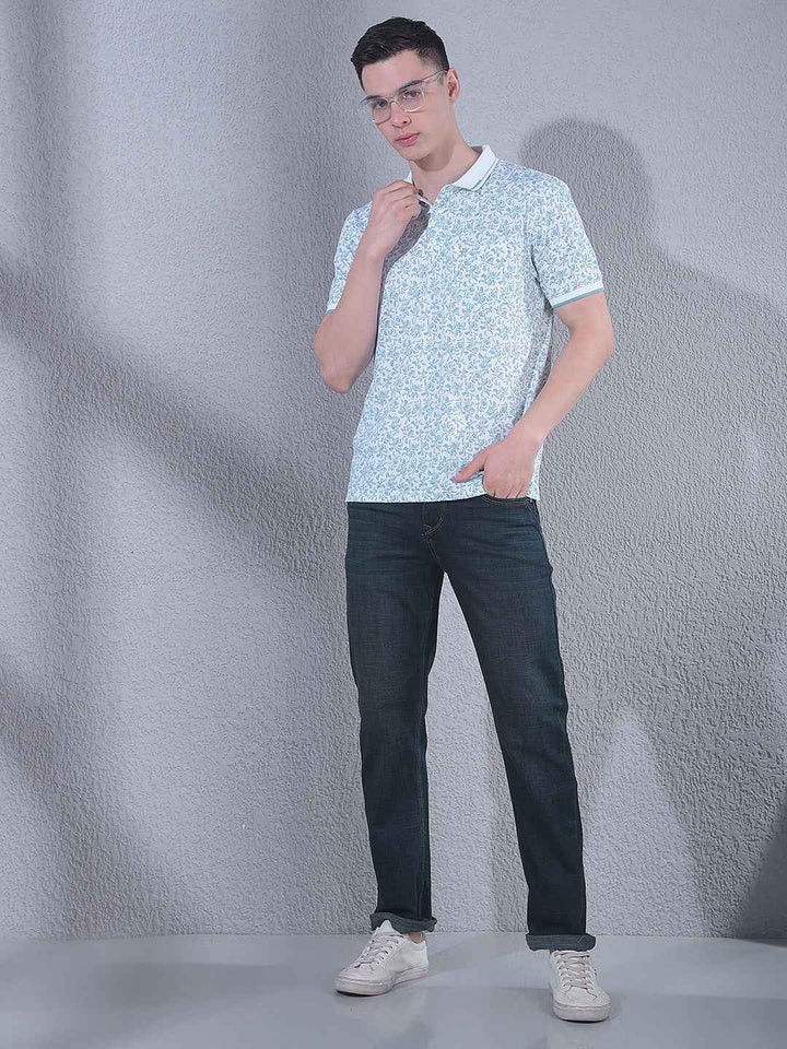 Green Floral Print Polo Neck T-Shirt