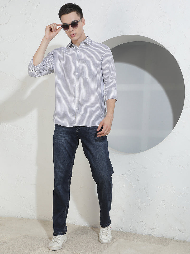 Grey Vertical Stripes Linen Shirt