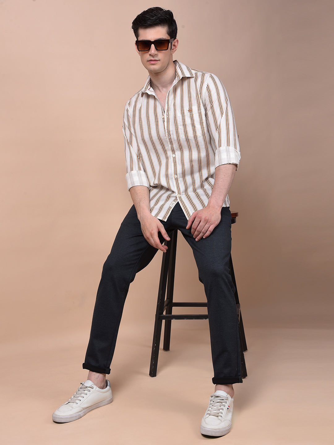 Brown Vertical Stripes 100% Cotton Shirt