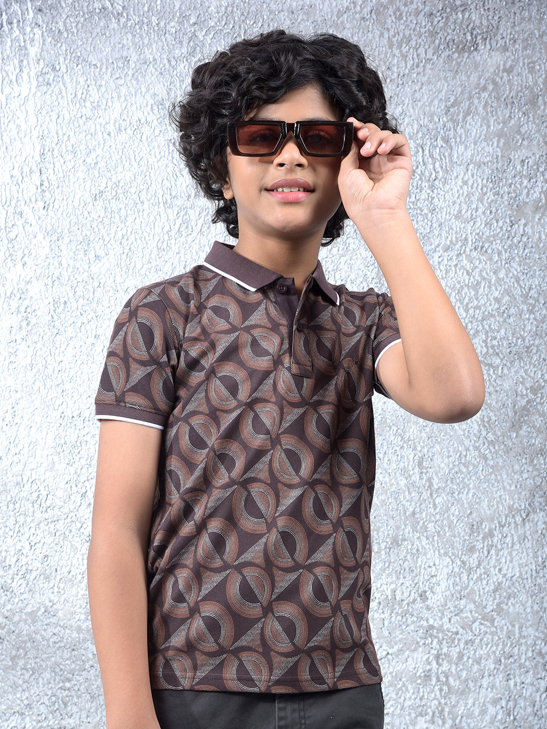 Brown Printed Polo Neck T-Shirt