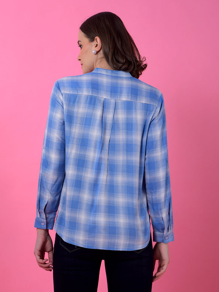 Blue Checked V-Neck Shirt