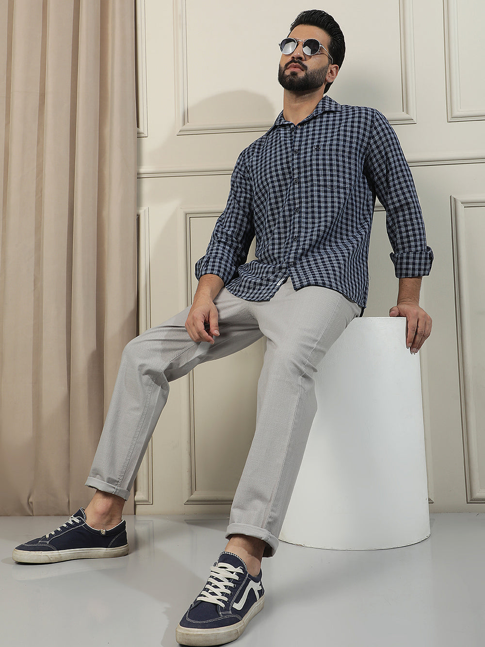Navy Blue 100% Cotton Checked Shirt