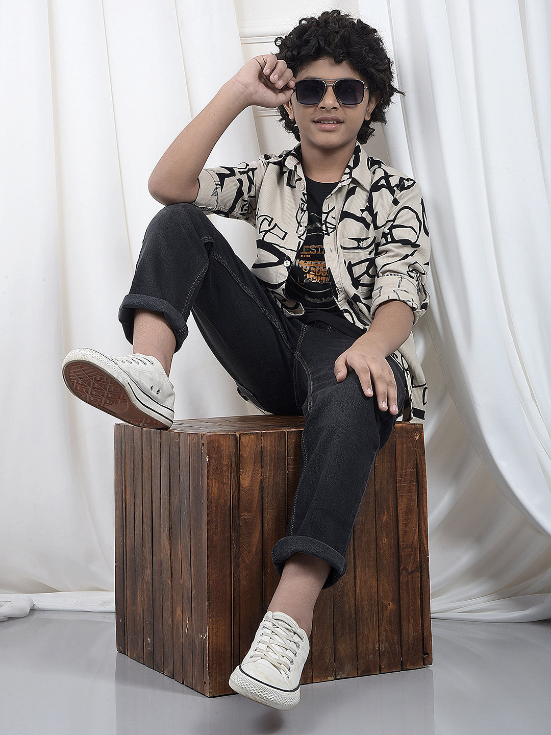 Beige Typographic Print 100% Cotton Knitted Shirt & T-Shirt Set