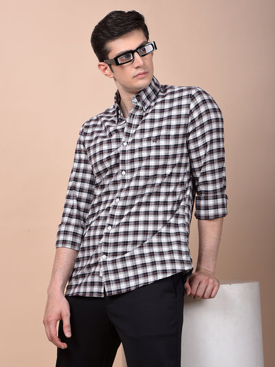 Wine Checked Button-Down Collar 100% Cotton Shirt