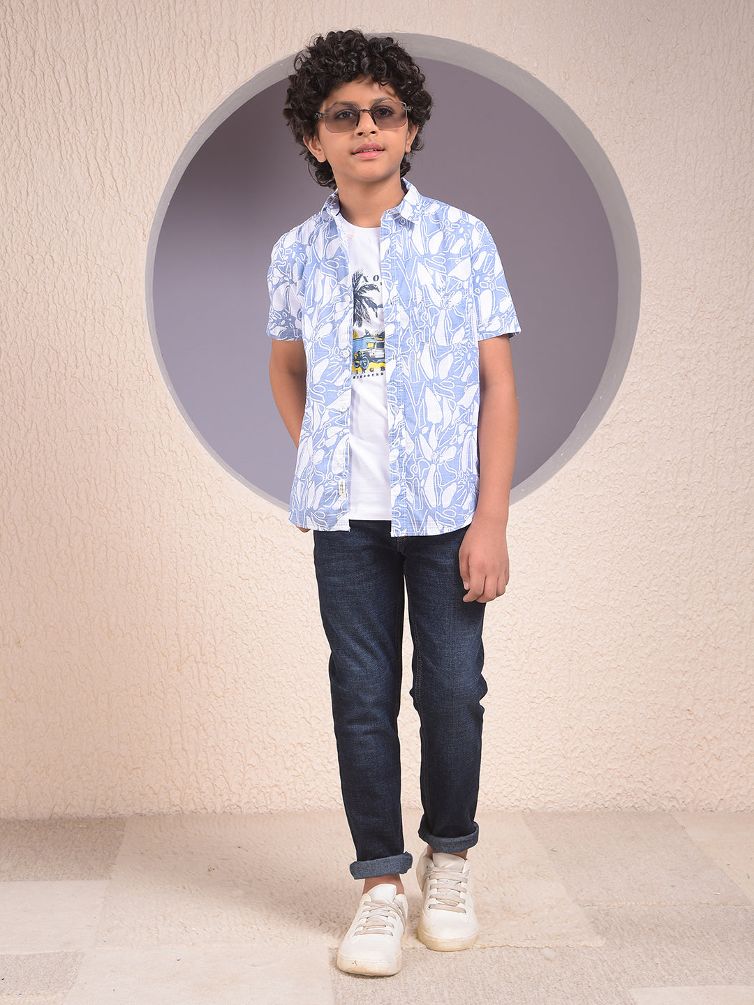 Blue Printed 100% Cotton Shirt & Tee Set Layered Look