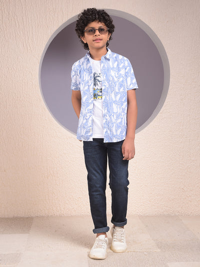 Blue Printed 100% Cotton Shirt & Tee Set Layered Look
