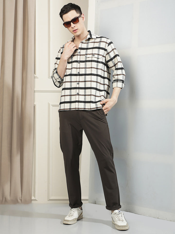 Cream Checked Double Pocket Shirt