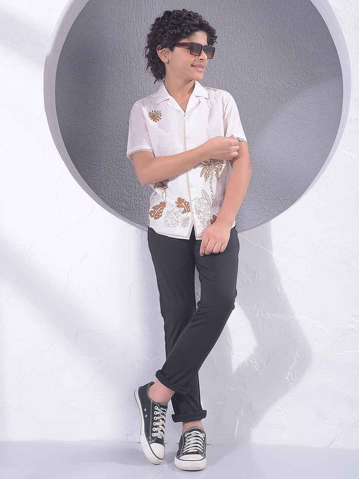 Brown Floral Print Resort-Collar Shirt