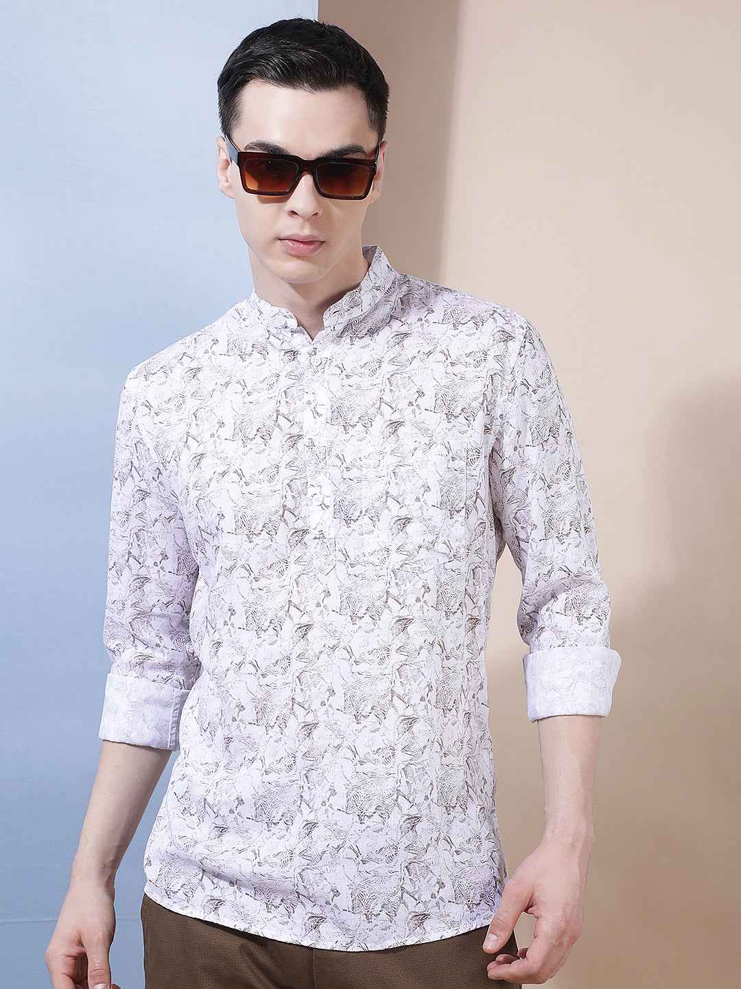 White Floral Print Linen Kurta