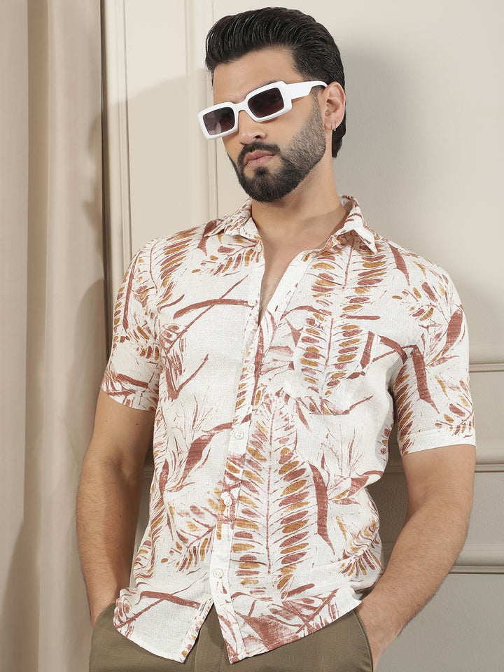 Red Floral Print Linen Shirt