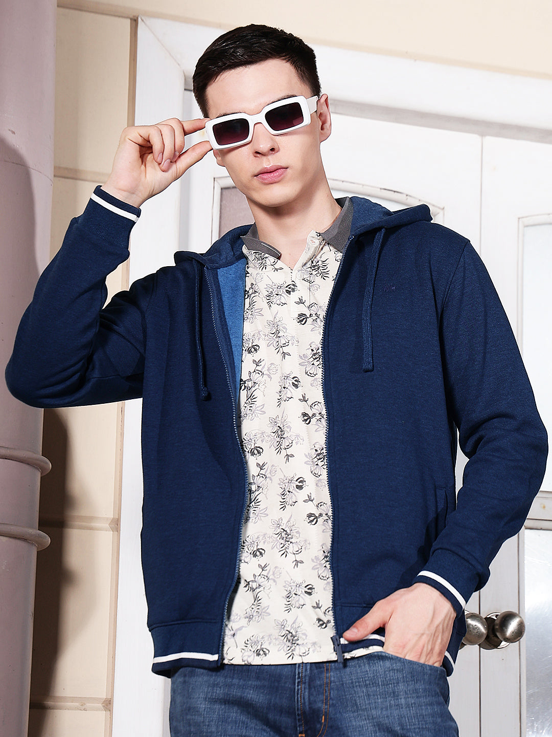 Blue Hooded Neck Front Open Sweatshirt