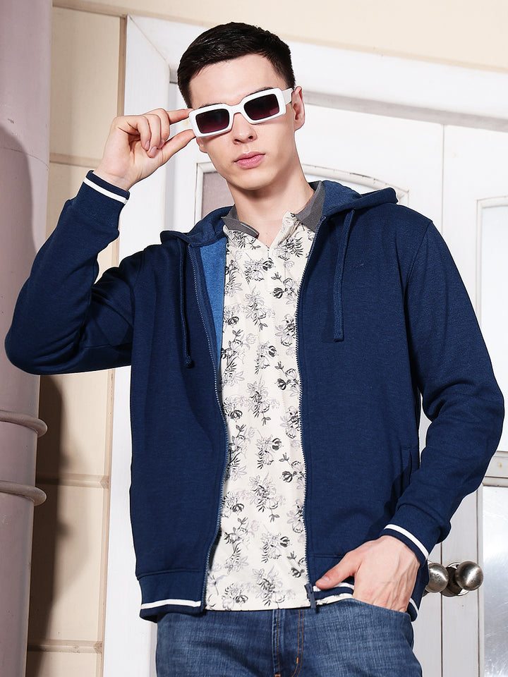 Blue Hooded Neck Front Open Sweatshirt