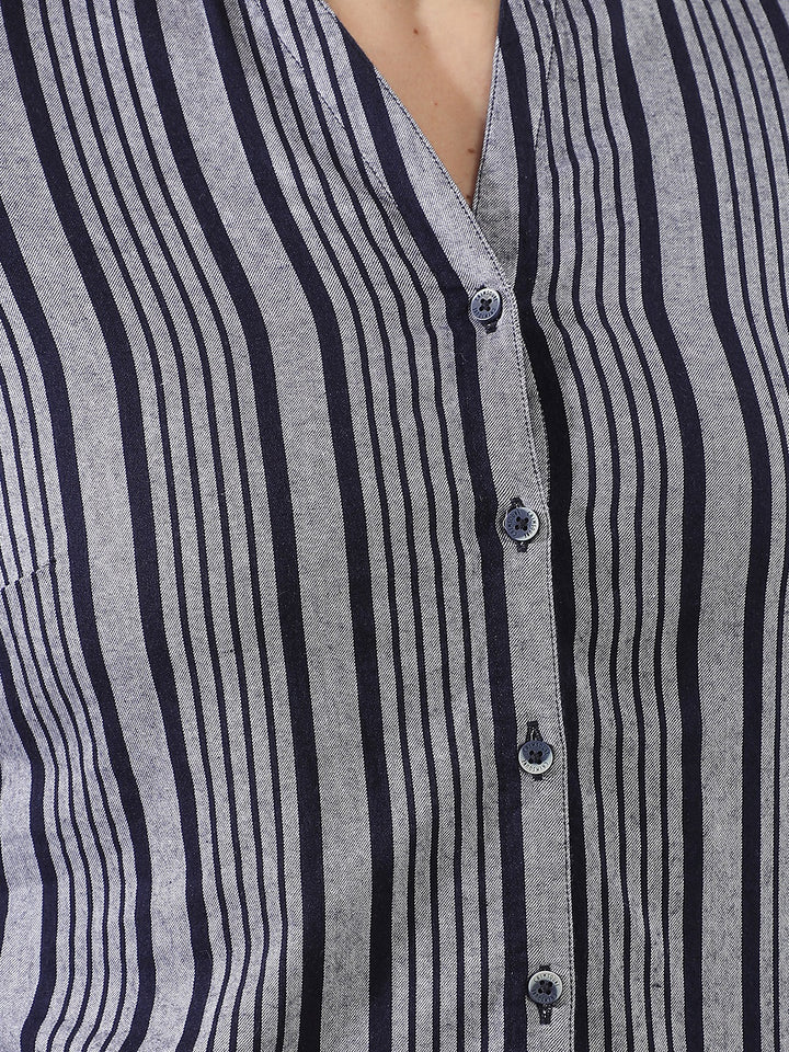 Grey Vertical Striped V-Neck Shirt