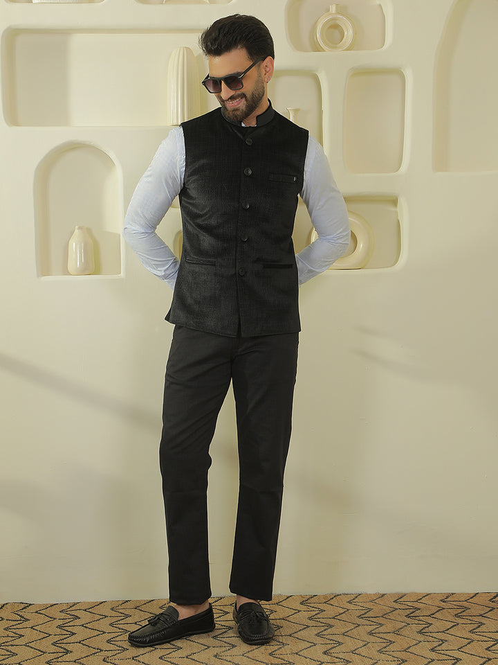 Black Textured Sleeveless Waistcoat