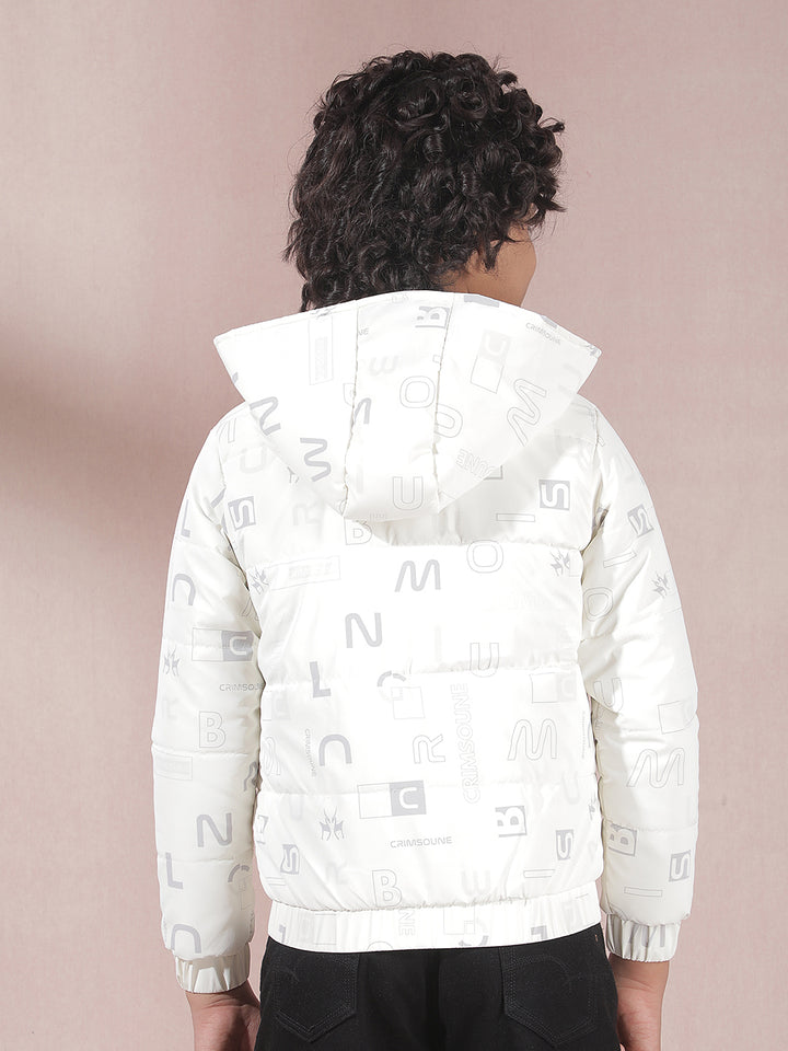 White Printed Hooded Puffer Jacket