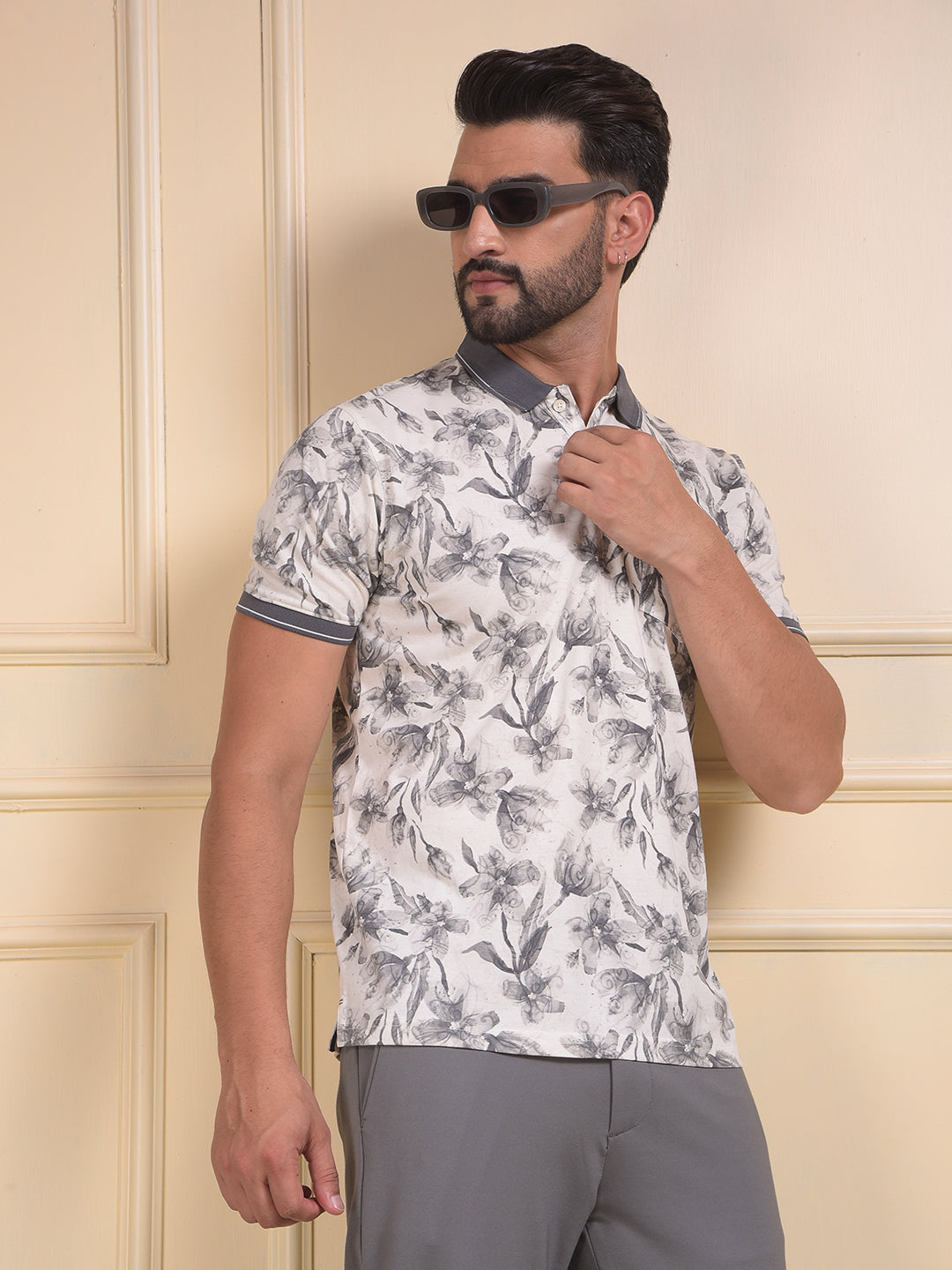 Grey Floral Print Polo Neck T-Shirt